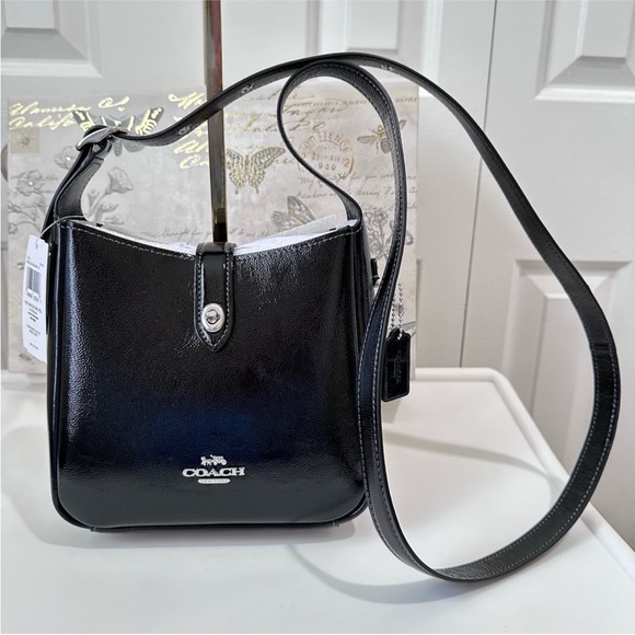 Coach Mini Hadley Crinkle Black Patent Leather Crossbody Bag Silver NWT - Picture 5 of 11